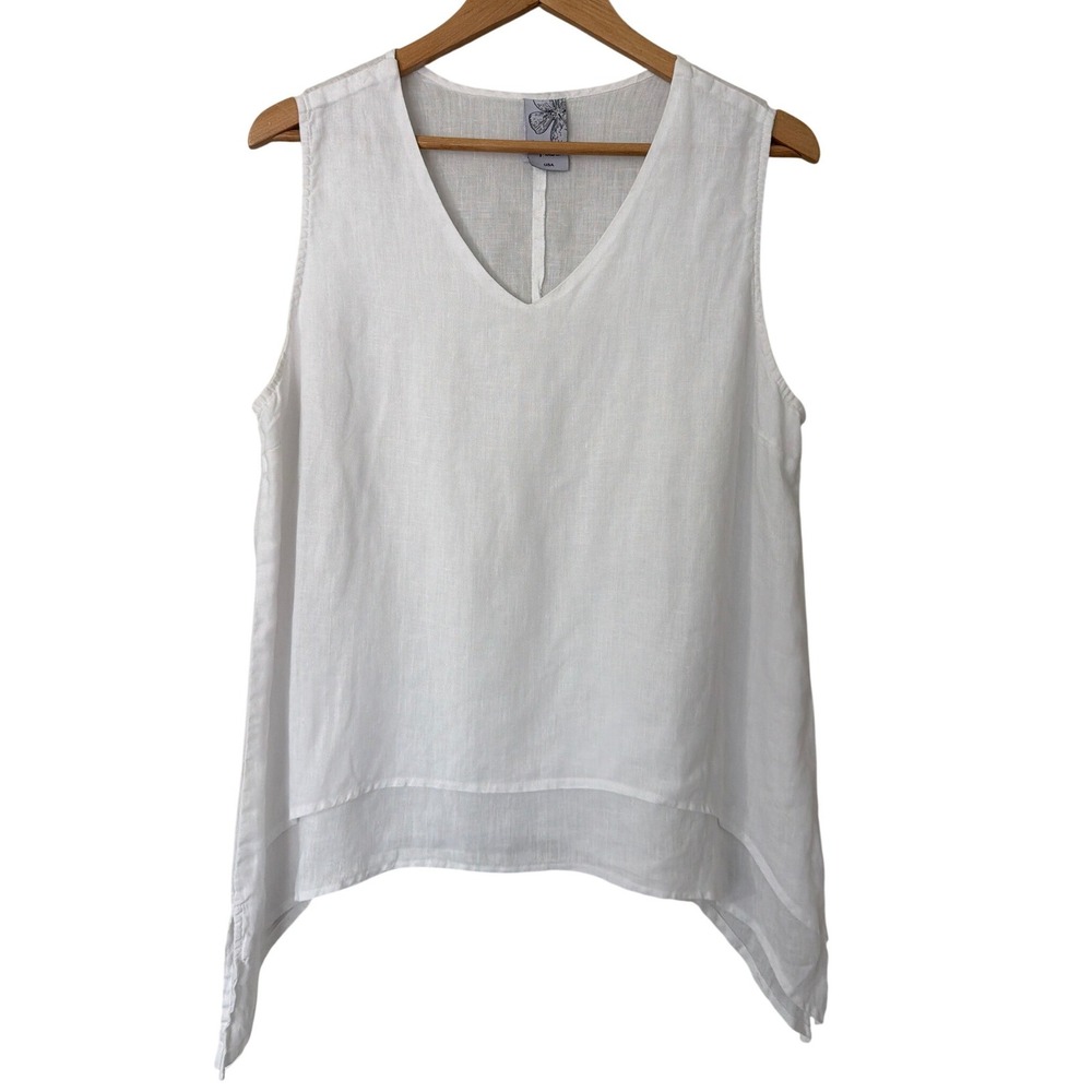 La Fixsun White 100% Linen Sleeveless V-Neck Sharkbite Hem Tank Top Small